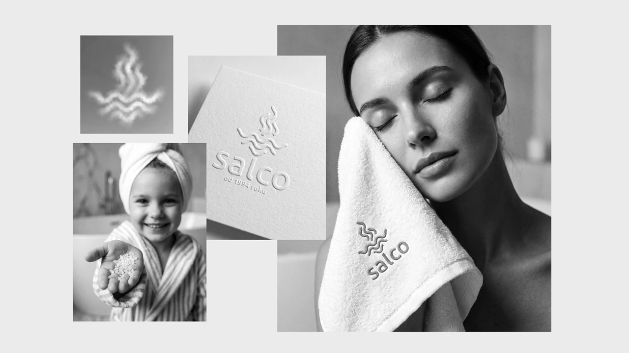 Prezentacja logo Salco na produktach, zaprojektowana przez Voit Studio